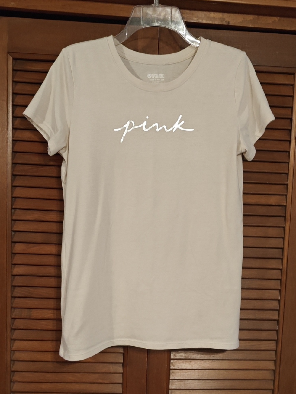 PINK Victoria's Secret Cream Short Sleeve Script Logo Tee